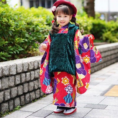 【レンタル】七五三 3歳 着物 ひよこ商店 女の子 被布セット 子供 kids 三つ身 お祝い着 往復送料無料 （1403603500）※2024年度予約空き無し