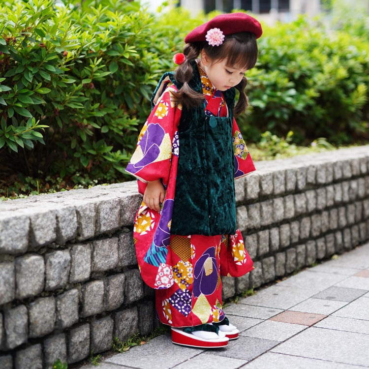 【レンタル】七五三 3歳 着物 ひよこ商店 女の子 被布セット 子供 kids 三つ身 お祝い着 往復送料無料 （1403603500）※2024年度予約空き無し