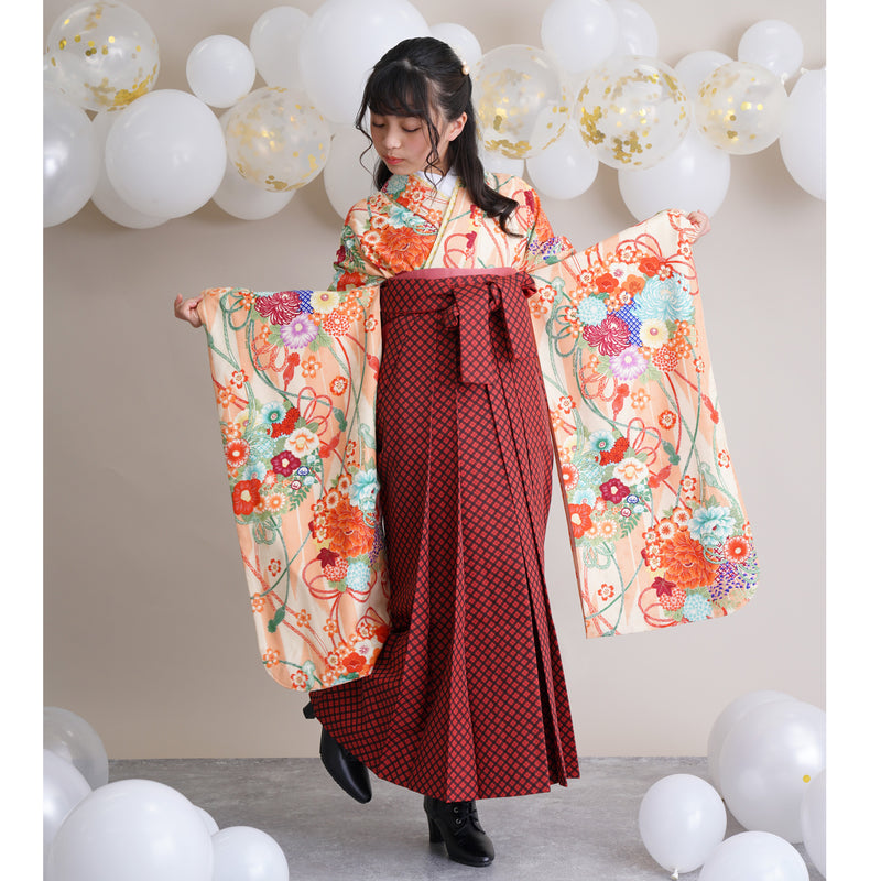 【レンタル】 袴 15点セット pom ponette / ポンポネット ジュニア 袴87cm（身長145-152cm） 着物 フルセット 小学生 卒業式  （1421634511）