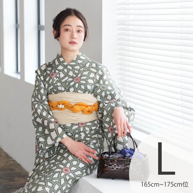 【utatane 高級変わり織 浴衣3点セット（ゆかた・帯・下駄）グリーンの広がる菊】Lサイズ トールサイズ（身長165-175cm）国産生地 国内染色 椎名美月（@mitsuki__shiina)ちゃん着用！（5012235511）