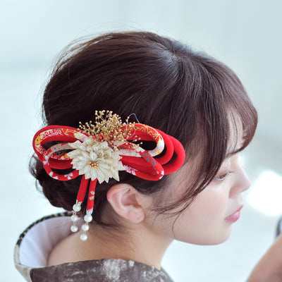 髪飾り ヘアアクセサリー つまみ細工＆パールつき和柄ちりめんリボンコーム （5432604401）