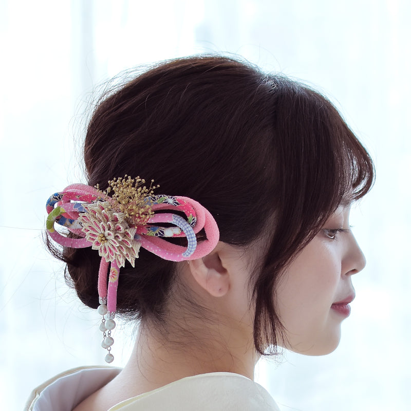 髪飾り ヘアアクセサリー つまみ細工＆パールつき和柄ちりめんリボンコーム （5432604401）