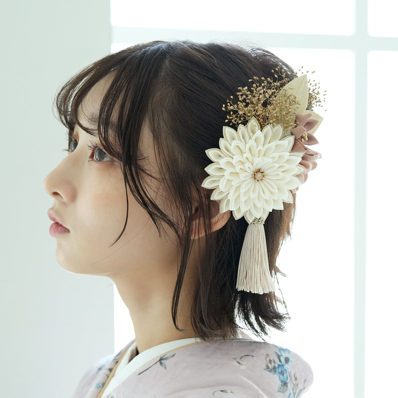 髪飾り ヘアアクセサリー コーム・Uピン2点セット 剣菊＆かすみそうタッセル つまみ細工 日本製  （5432607001）