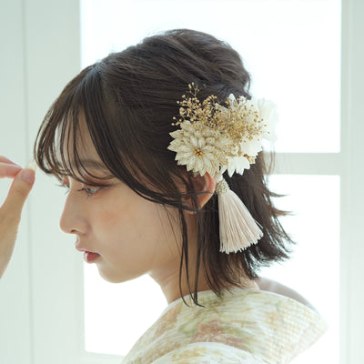 髪飾り ヘアアクセサリー 菊・あじさい＆かすみそうタッセルスリーピン つまみ細工 日本製  （5432608001）