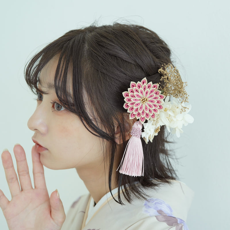 髪飾り ヘアアクセサリー 菊・あじさい＆かすみそうタッセルスリーピン つまみ細工 日本製  （5432608001）