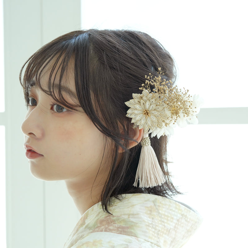 髪飾り ヘアアクセサリー 菊・あじさい＆かすみそうタッセルスリーピン つまみ細工 日本製  （5432608001）