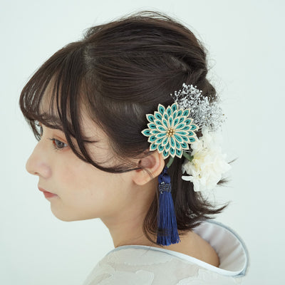 髪飾り ヘアアクセサリー 菊・あじさい＆かすみそうタッセルスリーピン つまみ細工 日本製  （5432608001）