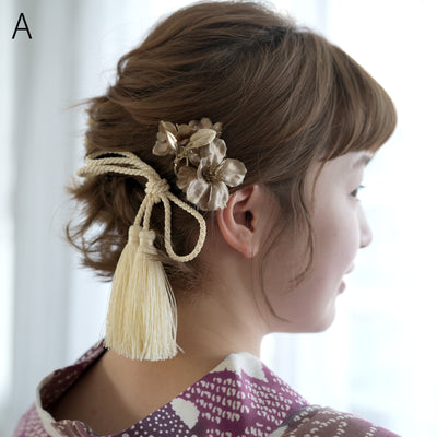 髪飾り ヘアアクセサリー Uピン2点セット くすみフラワー＆リボンタッセル 日本製  （5432615001）