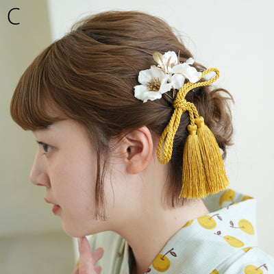 髪飾り ヘアアクセサリー Uピン2点セット くすみフラワー＆リボンタッセル 日本製  （5432615001）