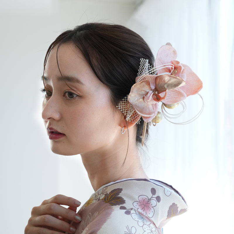 髪飾り ヘアアクセサリー 胡蝶蘭 鞠 水引 チュール 4点セット ピンク （5432622300）