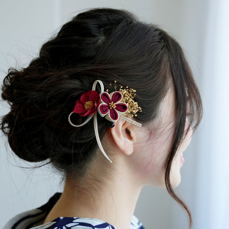 髪飾り ヘアアクセサリー クリップ単品 つまみ細工 梅＆リボン 日本製 （5432622801）