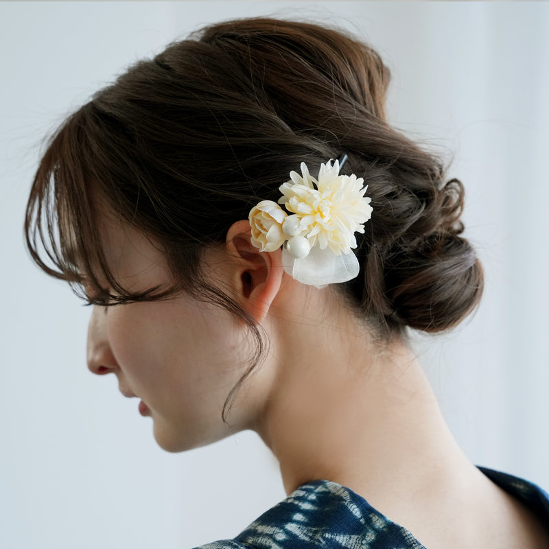 髪飾り ヘアアクセサリー クリップ単品 菊と牡丹 パール＆ヴェール 日本製 （5432623201）