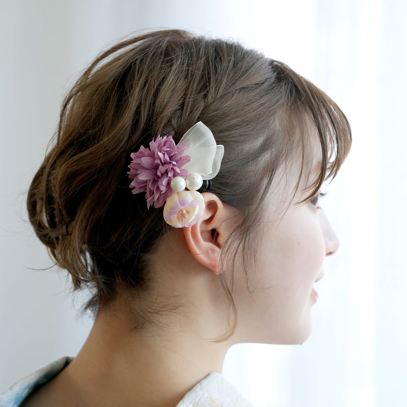 髪飾り ヘアアクセサリー クリップ単品 菊と牡丹 パール＆ヴェール 日本製 （5432623201）