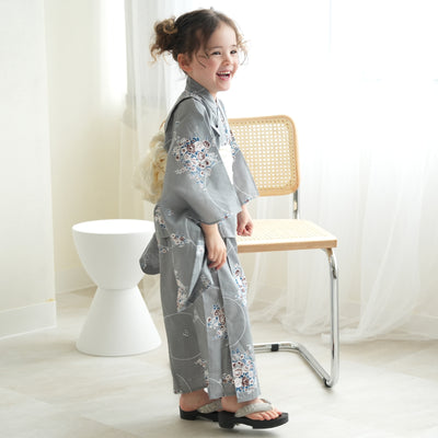 子供浴衣3点セット（浴衣/帯/下駄） キッズ ゆかた 女の子 100-130cm（身長95-135cm）グレーにフラワーブーケ（6510224801）