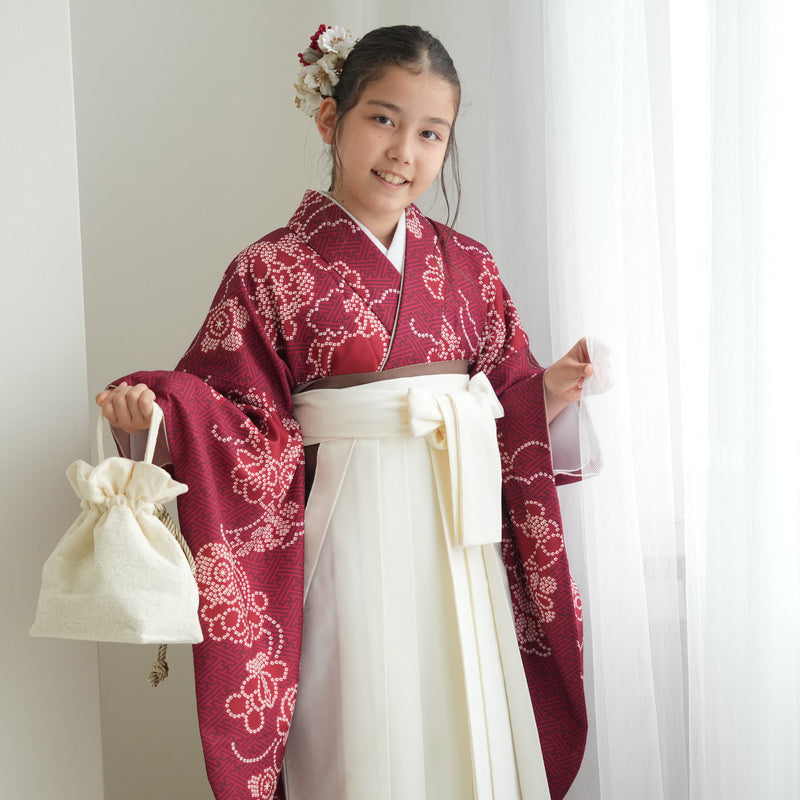 【ジュニア袴 2点セット えんじの絞り柄】 販売品 小学生袴   低身長さんも 袴83cm（身長138-145cm）袴87cm（身長145-152cm） 重ね衿縫い付済 ひよこ商店（6730725601）